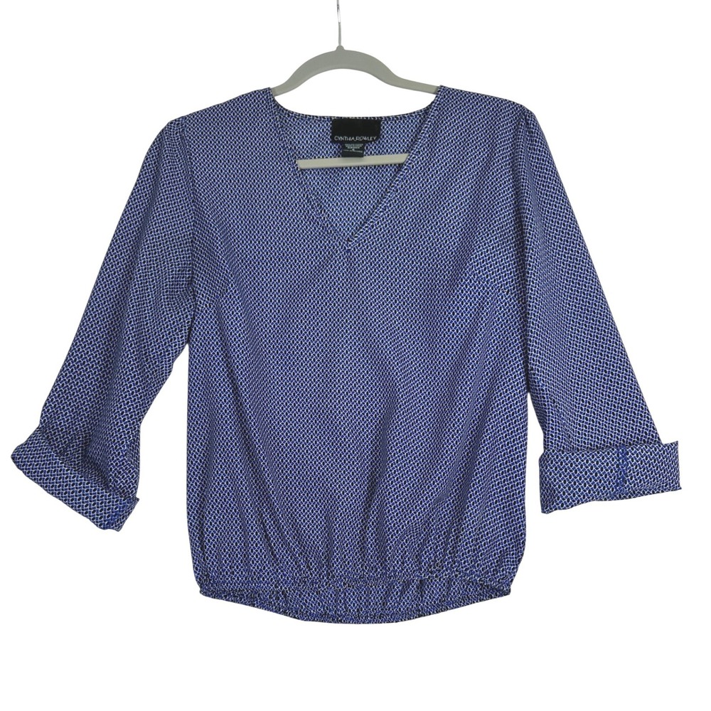 Cynthia Rowley Banded Hem Top Small Blue Geometric Blouse Office Minimalist